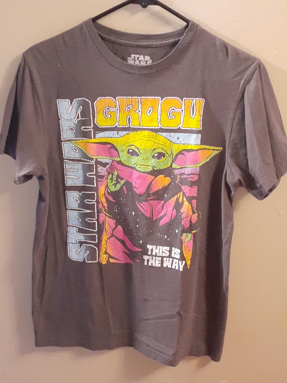 Star Wars Grogu Graphic Tee - Gray with Green, Pink, Yellow